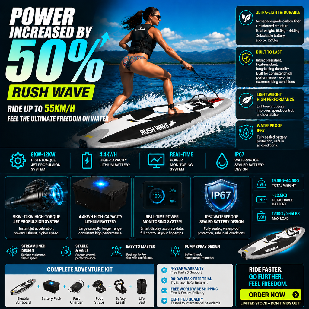 Carbon Fiber Electric Surfboard – 55km/h Jet Propulsion Water Sports Board with 4.4KWH Smart Battery