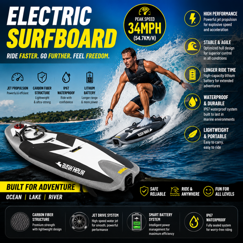 Carbon Fiber Electric Surfboard – 55km/h Jet Propulsion Water Sports Board with 4.4KWH Smart Battery