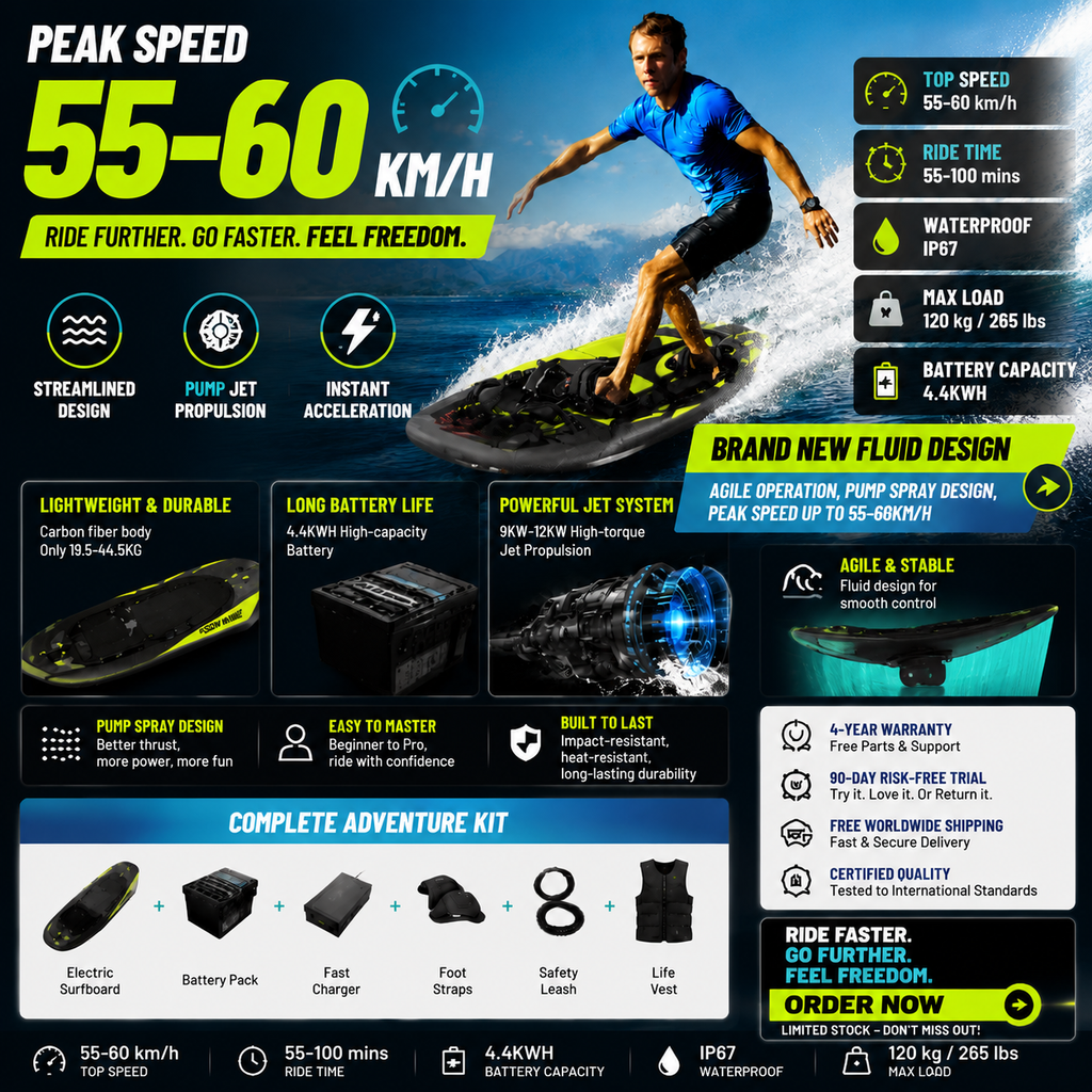 Carbon Fiber Electric Surfboard – 55km/h Jet Propulsion Water Sports Board with 4.4KWH Smart Battery