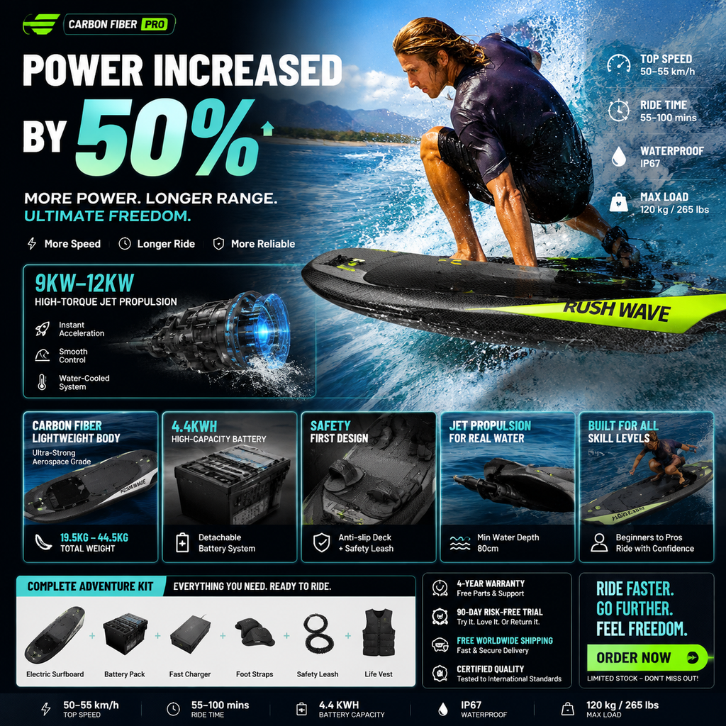 Carbon Fiber Electric Surfboard – 55km/h Jet Propulsion Water Sports Board with 4.4KWH Smart Battery